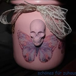 Weckglas mit Kreidefarbe,Servietten-technik - u.Totenkopf aus Gips – Bild 2